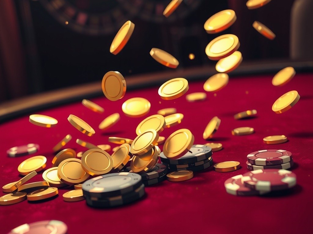 Gold coins spilling across a wine red baize table at Diwa King
